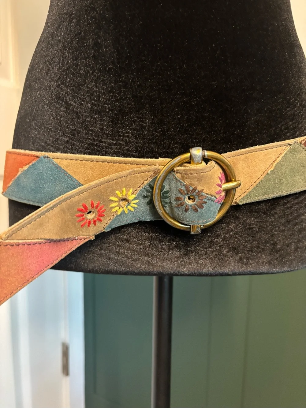 Lucky Brand Patchwork Suede Leather Belt Floral Boho Festival Western 32